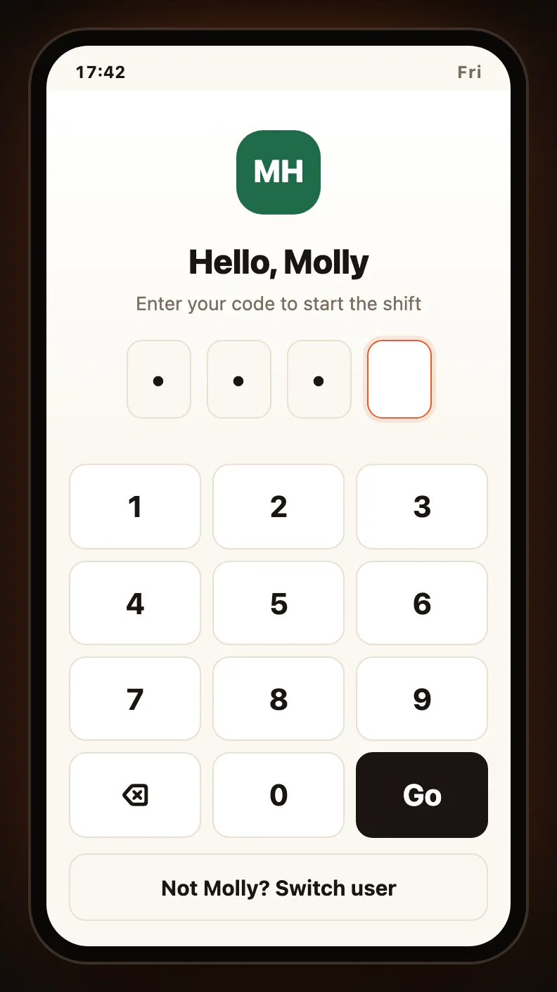 Phone start-of-shift screen prompting a staff member to enter their PIN code