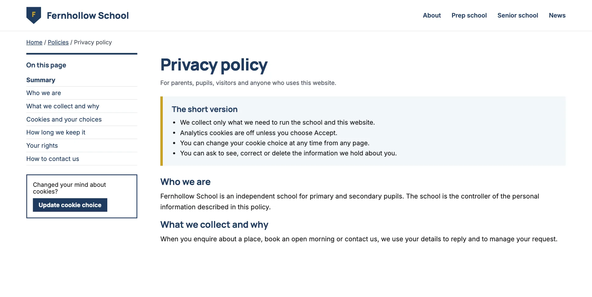 Privacy policy page with a short plain-language summary, a contents list, and a button to update the cookie choice