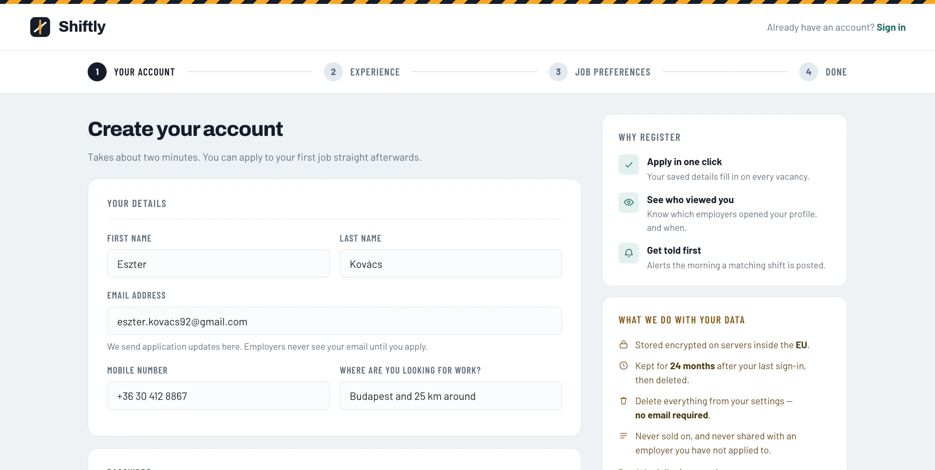 Account-creation flow with a side panel explaining how personal data is encrypted and retained