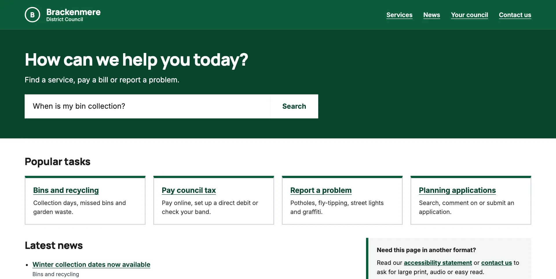 Council homepage with a large search box and high-contrast, underlined links to four popular tasks