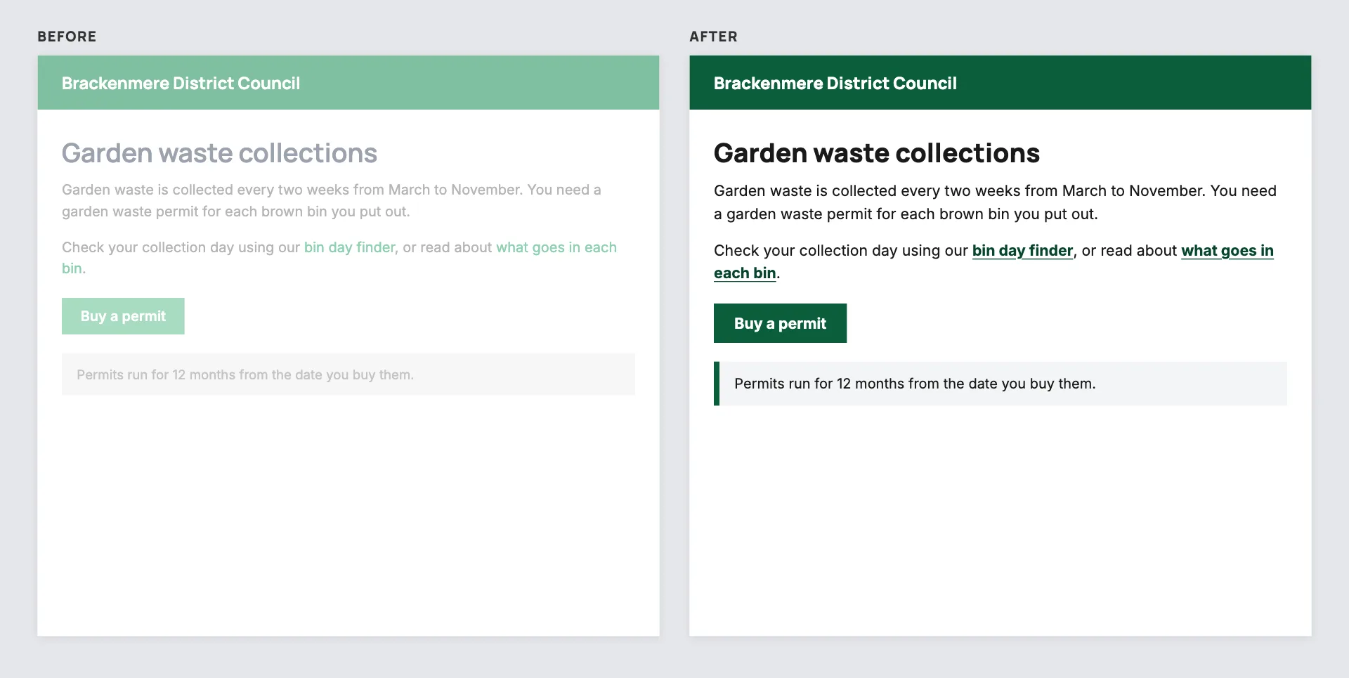 The same council page side by side, with pale grey text and light green links before and dark text with bold underlined links after