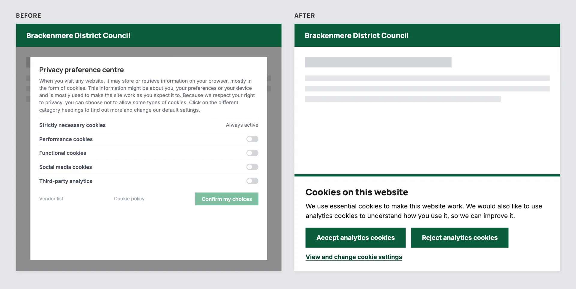 Cookie consent before and after: a dense preference panel of toggles replaced by a short, plain-language notice with clear choices