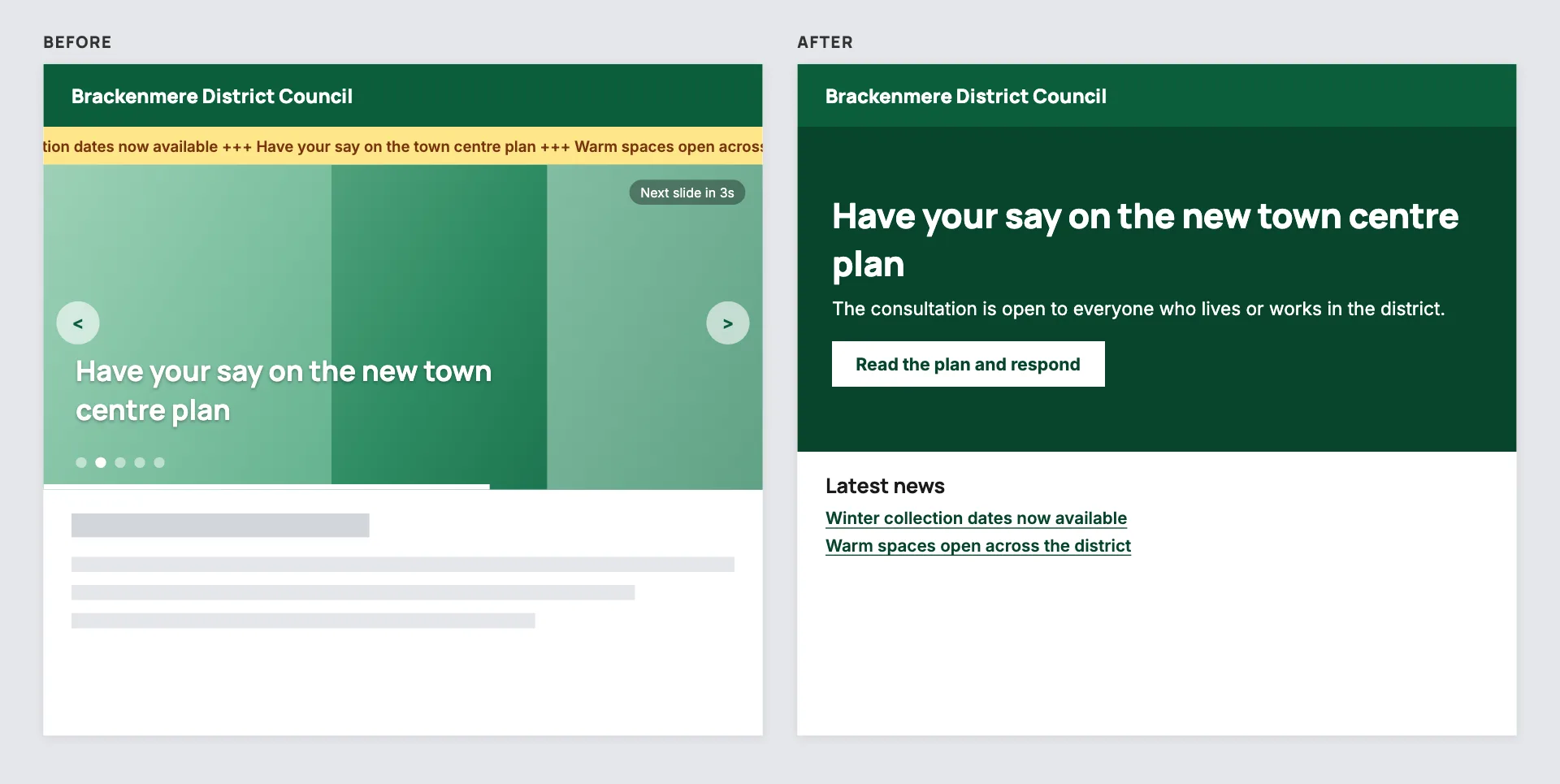 Homepage banner before and after: an auto-playing slideshow and scrolling ticker replaced by a single still banner
