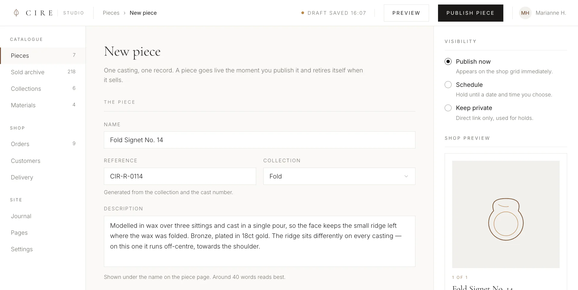 Content editor for adding a new one-of-one piece to the web shop