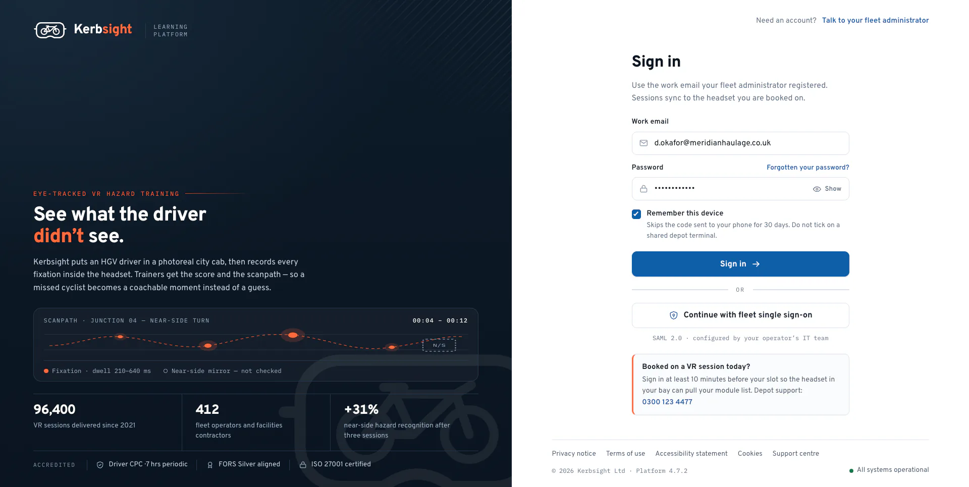 Learner sign-in screen for the road-safety training platform